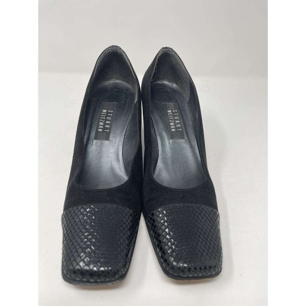 Vintage Stuart Weitzman Black Suede and Snakeskin Square Toe Pumps size 8 .5 B